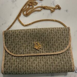 Vintage Dior Monogram Cloth Clutch Bag with Gold Chain, excellent